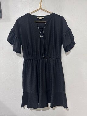 Michael Michael Kors Black Eyelet Lace-Up Dress size m ruffle sleeve elastic